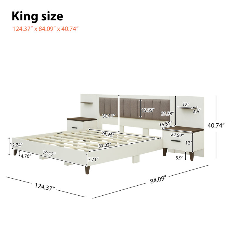 Eddie Wooden Bed With 2 Nightstands & Upholstered Headboard, King