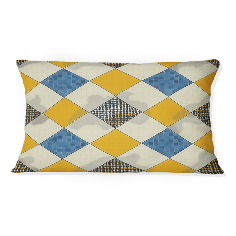Coussin lombaire moderne bleu et jaune Houndstooth II
