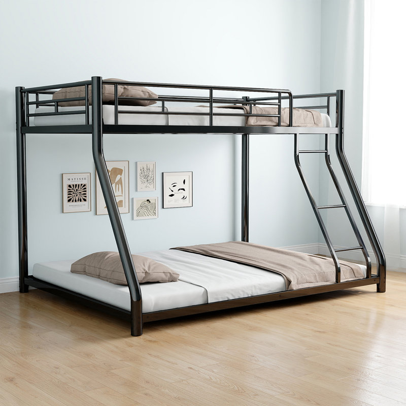 Lit superposé simple au-dessus d'un lit double en métal, cadre de lit superposé en métal robuste, lit superposé simple au-dessus d'un lit double avec échelle et garde-corps double