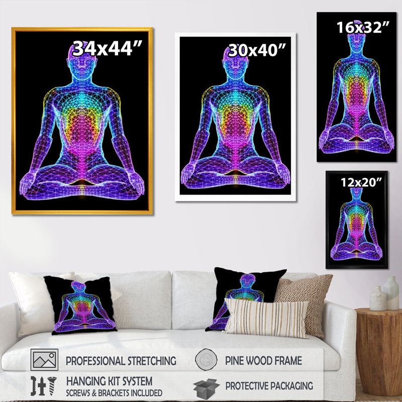 Méditation néon - reproduction sur toile, H 20 po x l 12 po x P 1 po, Cadre simple noir