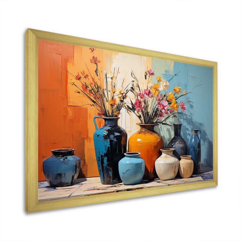 «Blue Italian Pottery Expressions - Boho Pottery», art mural, Cadre doré à coins fermés, H 24 po x l 32 po x P 1 po