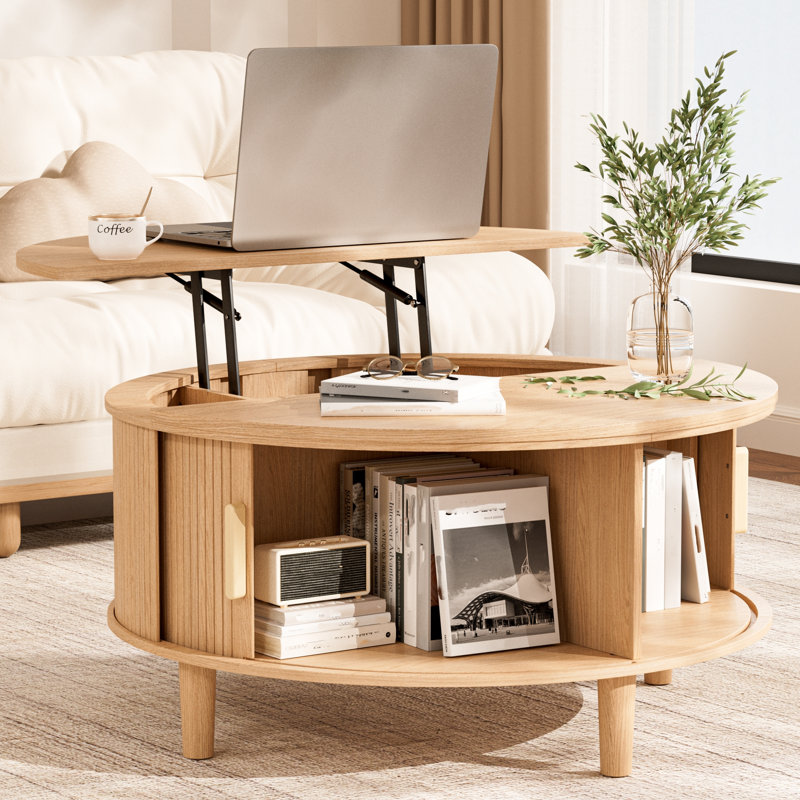 Table basse Mid-Century moderne à plateau relevable avec portes de rangement coulissantes