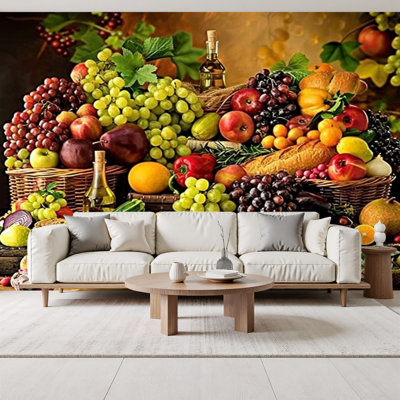 Peel and Stick Wallpaper Food Fruit Dining Brown Various Fruit Table Picture Print Living Room Wall Murals 69"H x 96"W Removable PVC Wall Paper Self-Adhesive Wall Decor for Bedroom Living Room Home Office