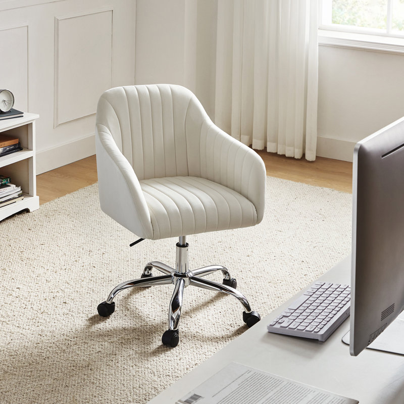 Chaise de travail moderne en velours avec dossier capitonné Vernese, Ivoire ivoire