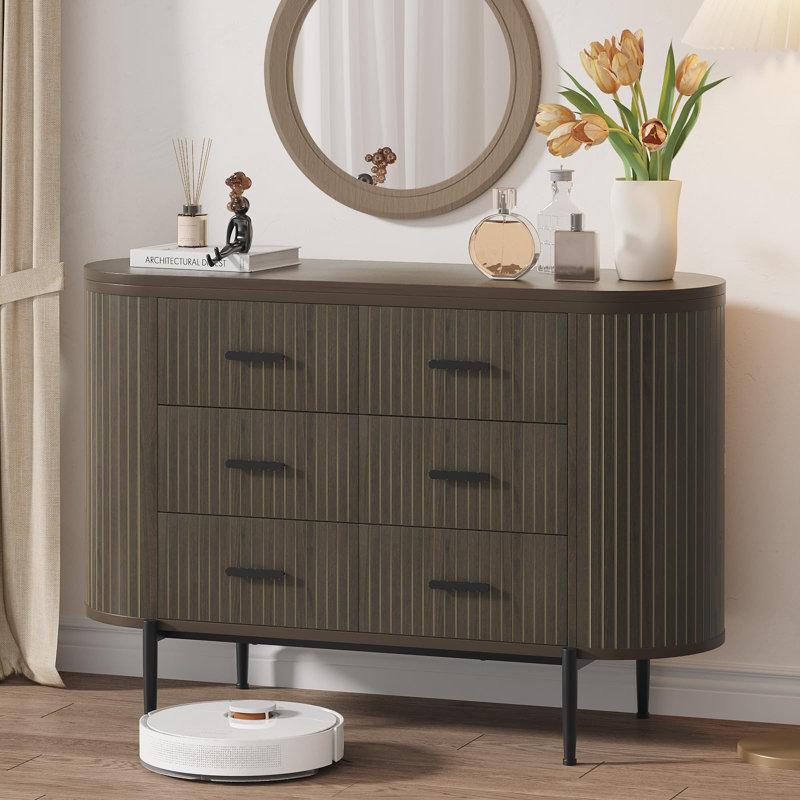 47.2" Fluted 6 Drawer Dresser, Mid Century Modern Wood Chest with Curved Design & Gold Handles, Walnut