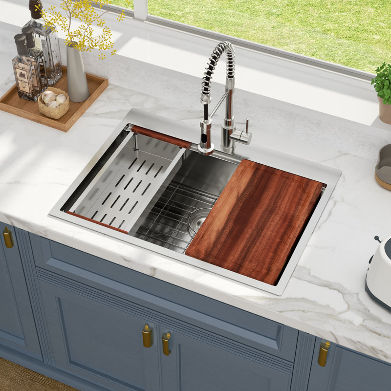 33" L x 22" W Drop-in Workstation Kitchen Sink 16 Gauge Stainless Steel Kitchen Sink Topmount Sink