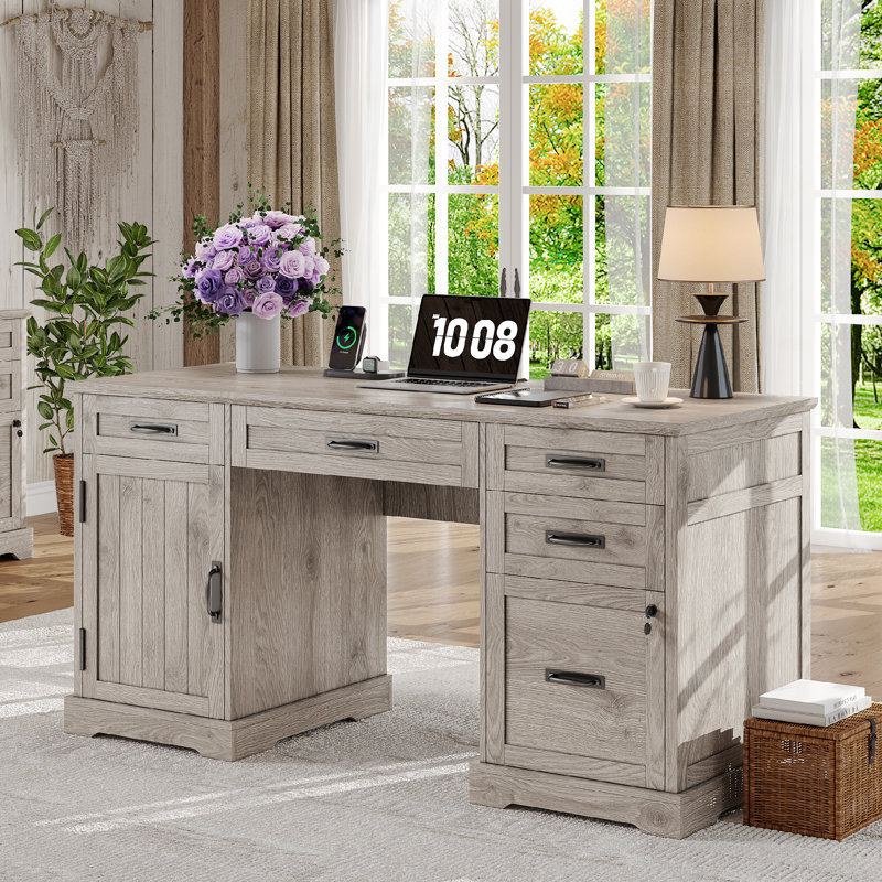 Clabe 55'' Farmhouse Executive Desk with Drawers, File Cabinet and Power Outlets, Light Wash Gray