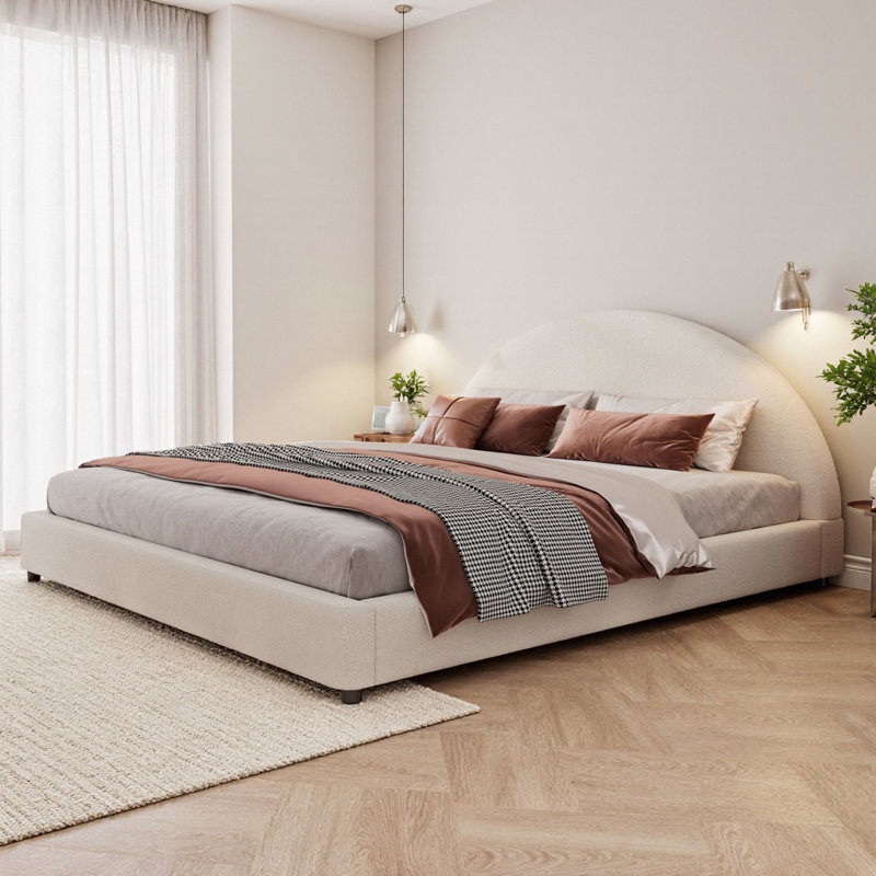 Structure de lit rembourrée Boucle avec tête de lit semi-circulaire, lit plateforme minimaliste moderne blanc, aucun sommier requis