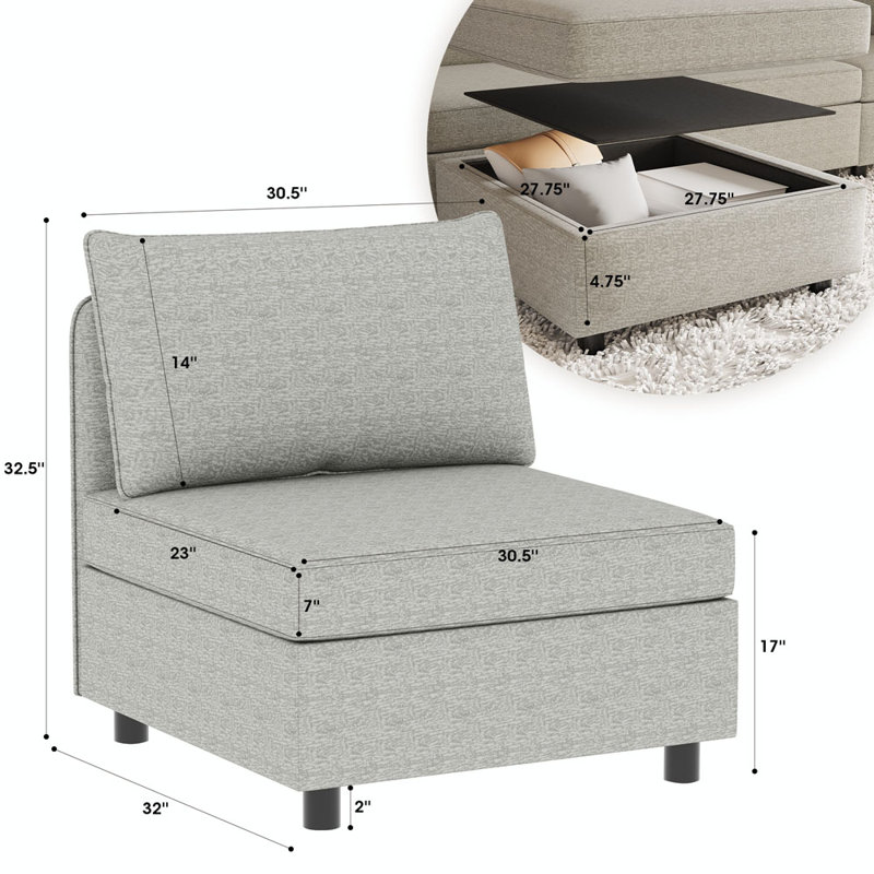 Siège sans accoudoirs pour canapé modulaire modulaire, Gris