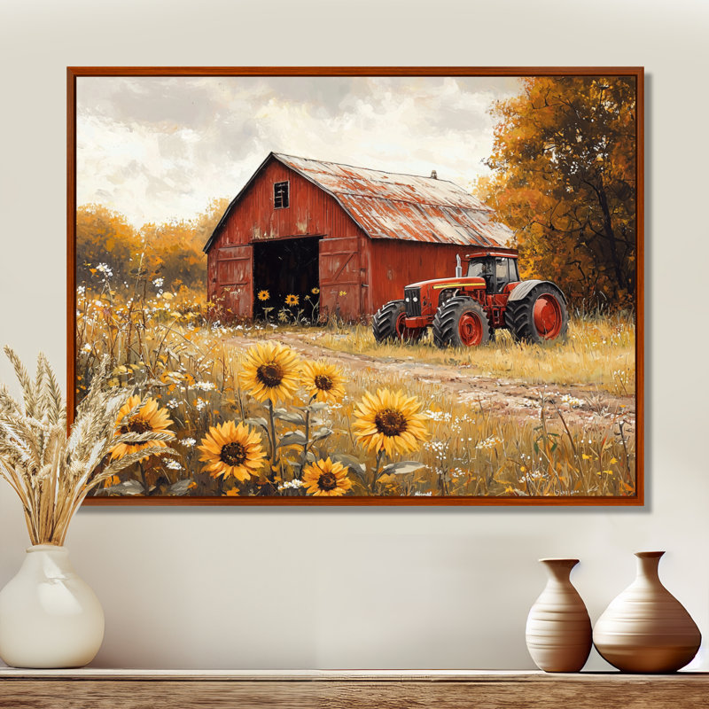 Doneta tournesols et la remise de tracteur I - tournesols, art mural, H 16 po x l 32 po, Impression encadrée flottante, Brun