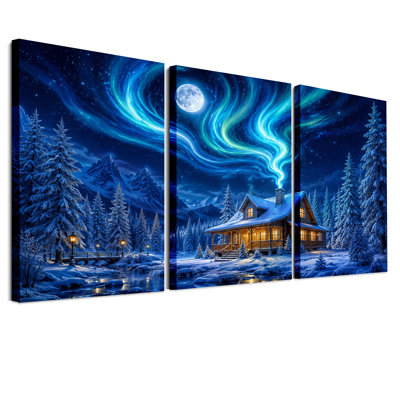 Ensemble de 3 toiles murales représentant un chalet en bois rond enneigé dans les montagnes sous un ciel bleu d'Halloween