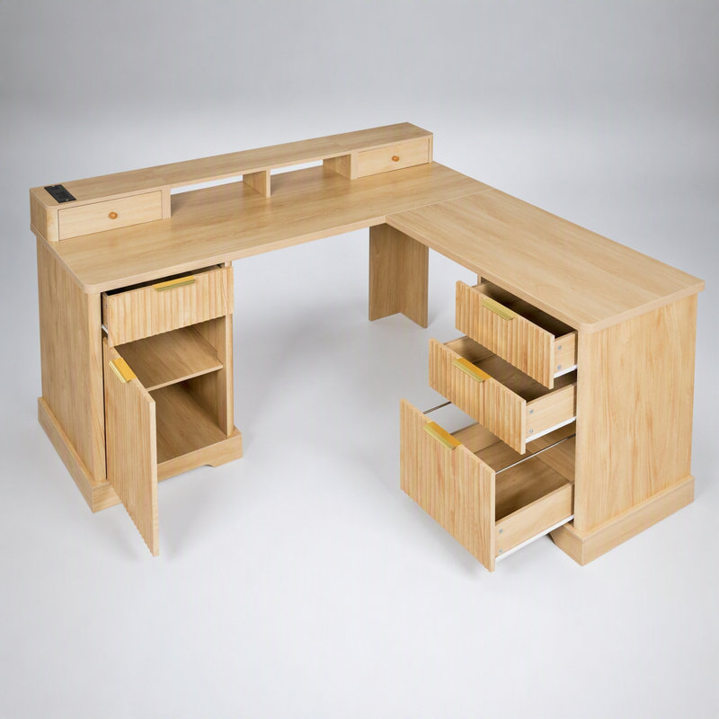 Bureau d'ordinateur moderne en forme de L de 150 cm (59 pouces) avec poste de recharge, armoire de rangement et support pour écran - Bureau pour ordinateur de bureau à domicile