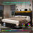 King Bed Frame with Storage Drawers & Headboard, Platform Bed with Led Light & Charging Station, Black-589060383-589060380