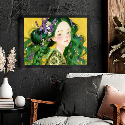 Black Framed Boho Floral Green-Haired Woman Wall Art - Whimsical Vintage Inspired Bohemian Decor Framed Prints