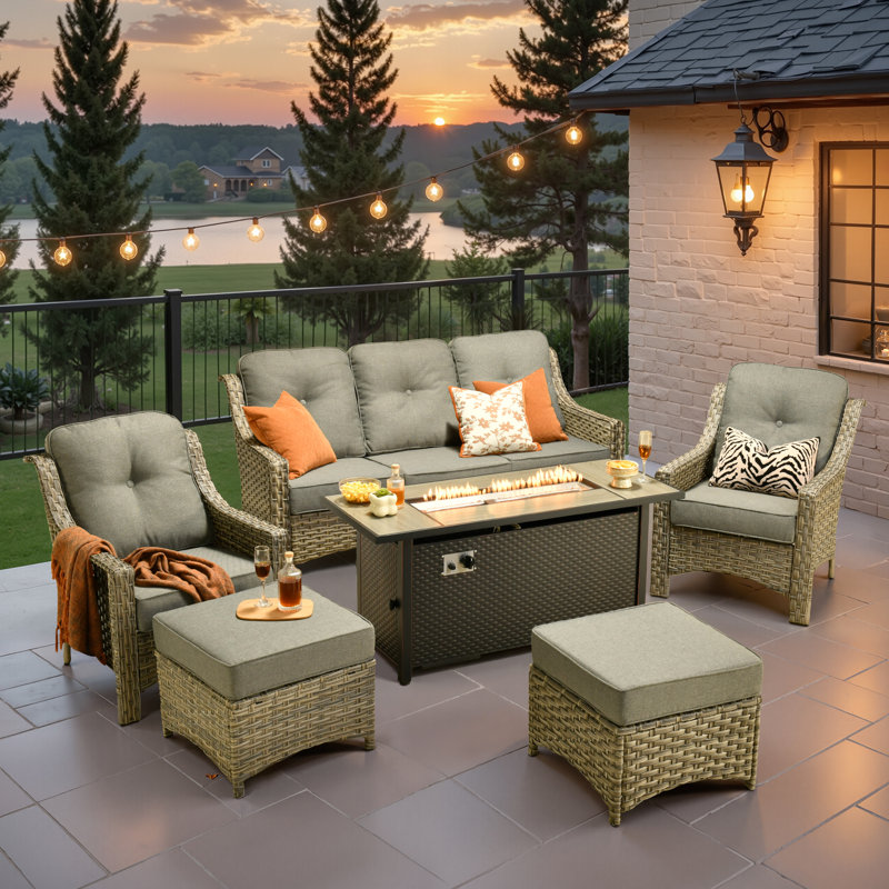 5 - Person Wicker Outdoor Conversation Set, Patio Sofa Set with Fire Pit and Cushions, Gray, Yes