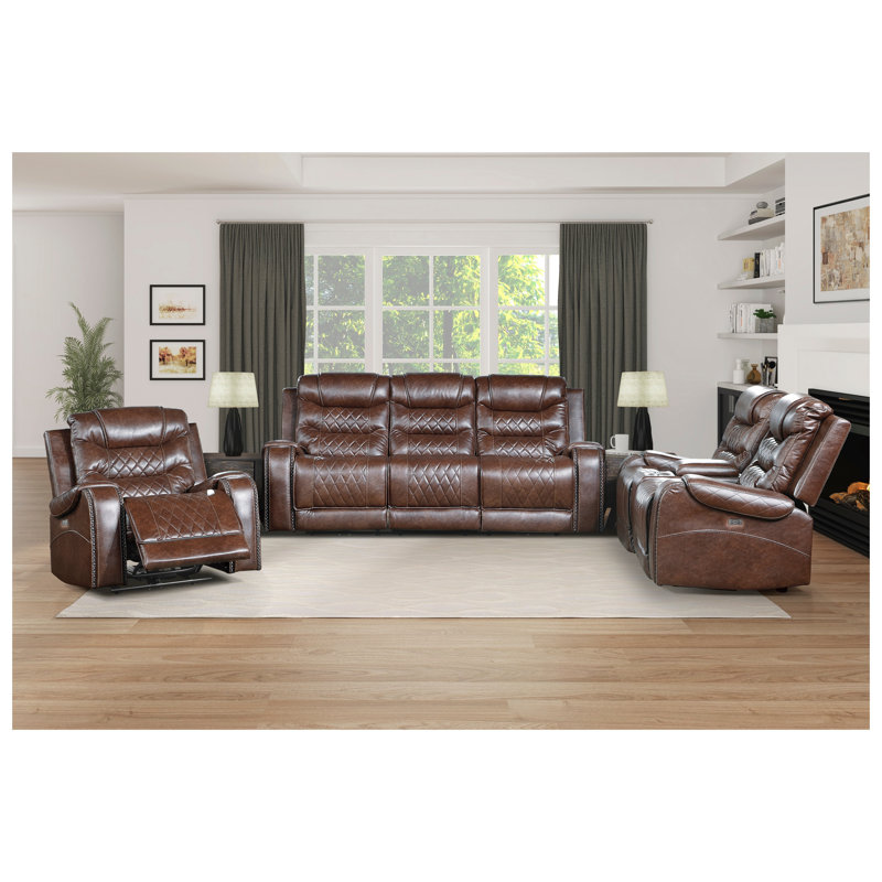 Causeuse inclinable électrique double en similicuir brun avec console centrale et ports USB