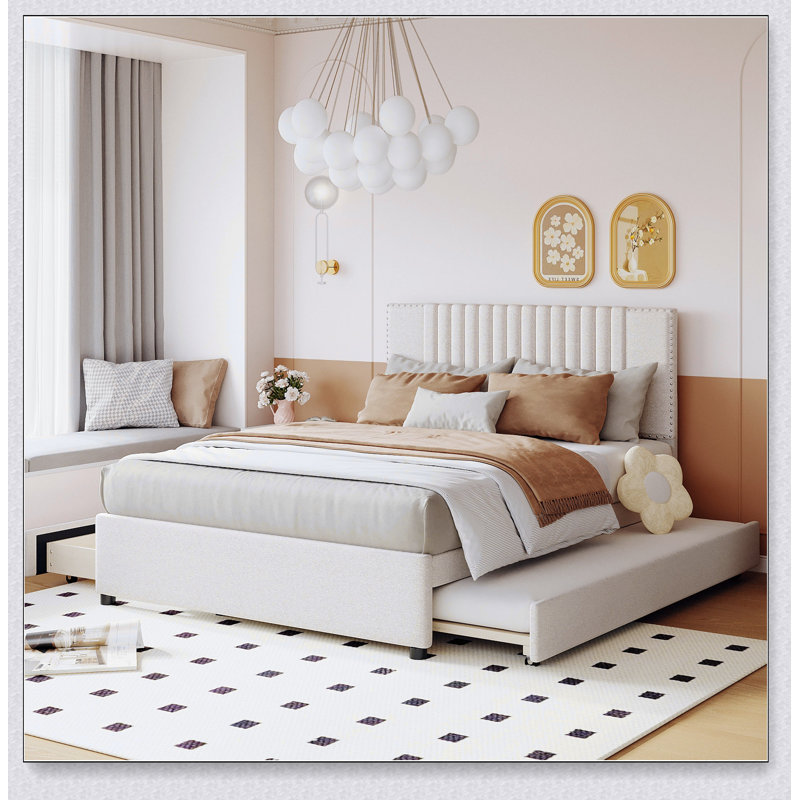 Lit plateforme tapissier avec 2 tiroirs et 1 lit gigogne, Beige, Double