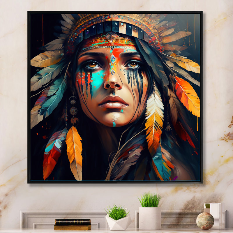«Colorful Native American Woman III», impression sur toile, Toile avec cadre flottant noir