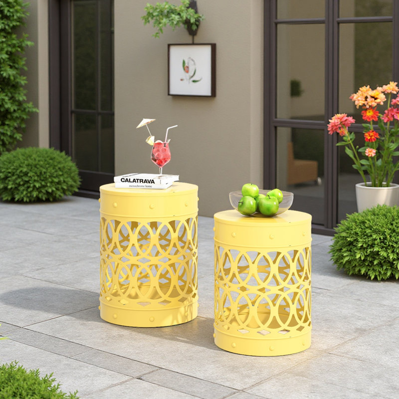 Outdoor Metal S/2 End Table, Yellow