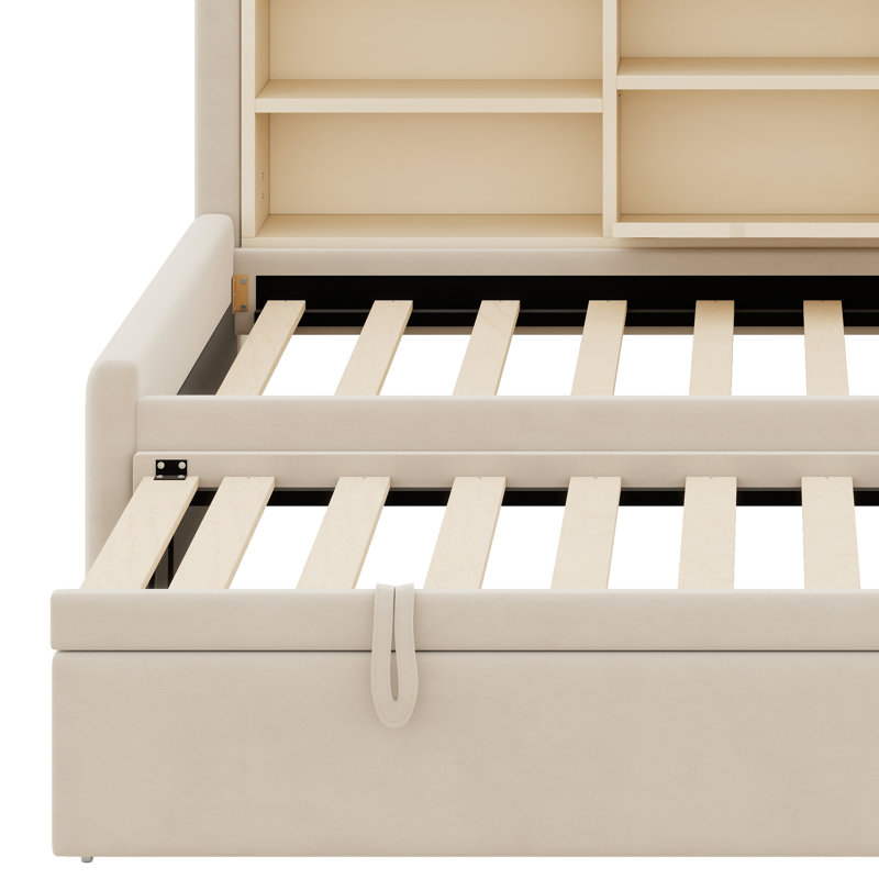 Lit de jour multifonctionnel rembourré en bois avec lit gigogne, rangement intégré et ports de chargement USB, Beige