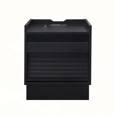 Table de chevet moderne Mid-Century avec station de charge, lumières DEL et 2 tiroirs pour la chambre à coucher ou le salon, noir