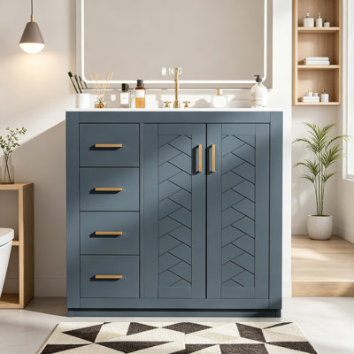Meuble-lavabo avec lavabo en céramique, 3 tiroirs et poignées en métal