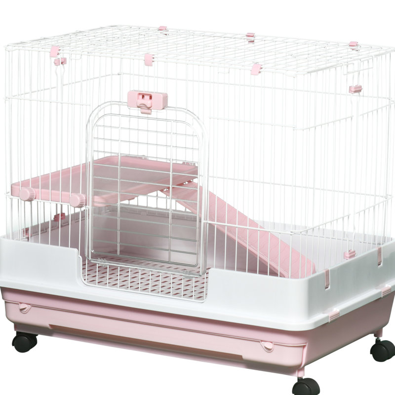 Cage pour animaux à 2 niveaux avec roulettes et plateforme, plateau amovible, pour chinchillas, etc., plateau pour petits animaux rose, furet