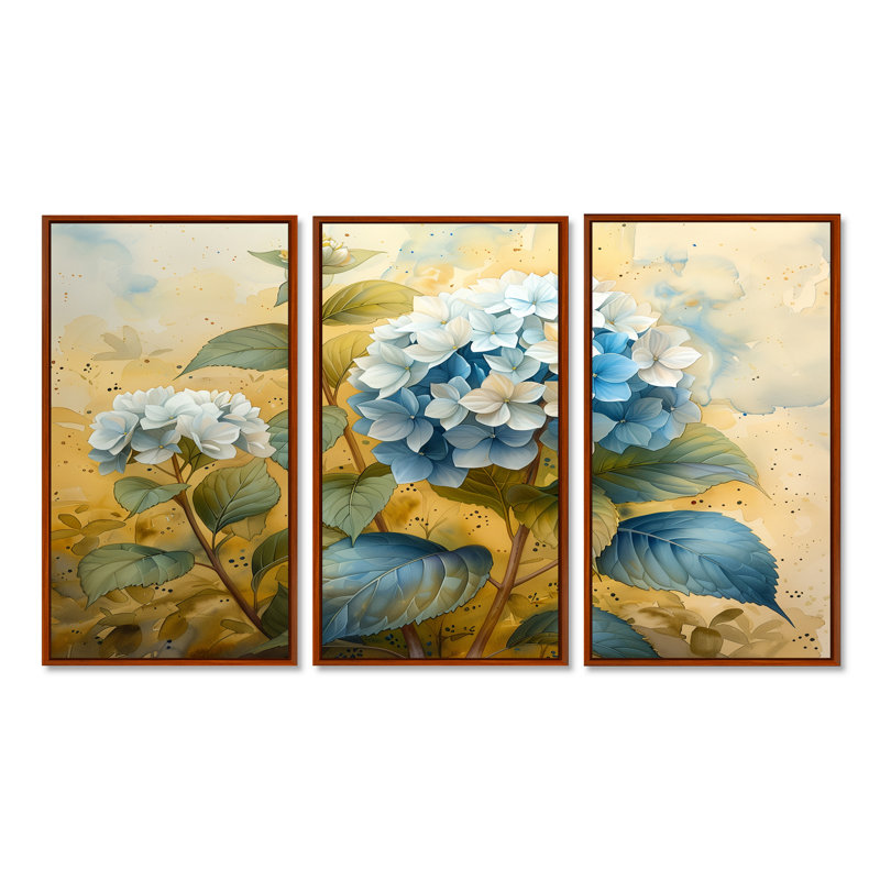 Jardin jaune, bleu, hortensia I, ensemble d'art mural hortensia, Toile avec cadre flottant brun, H 40 po x l 60 po x P 1 po
