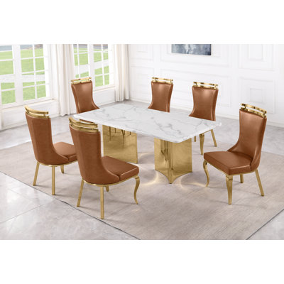 Ensemble de salle à manger en marbre blanc Grand avec chaises d'appoint Leathaire
