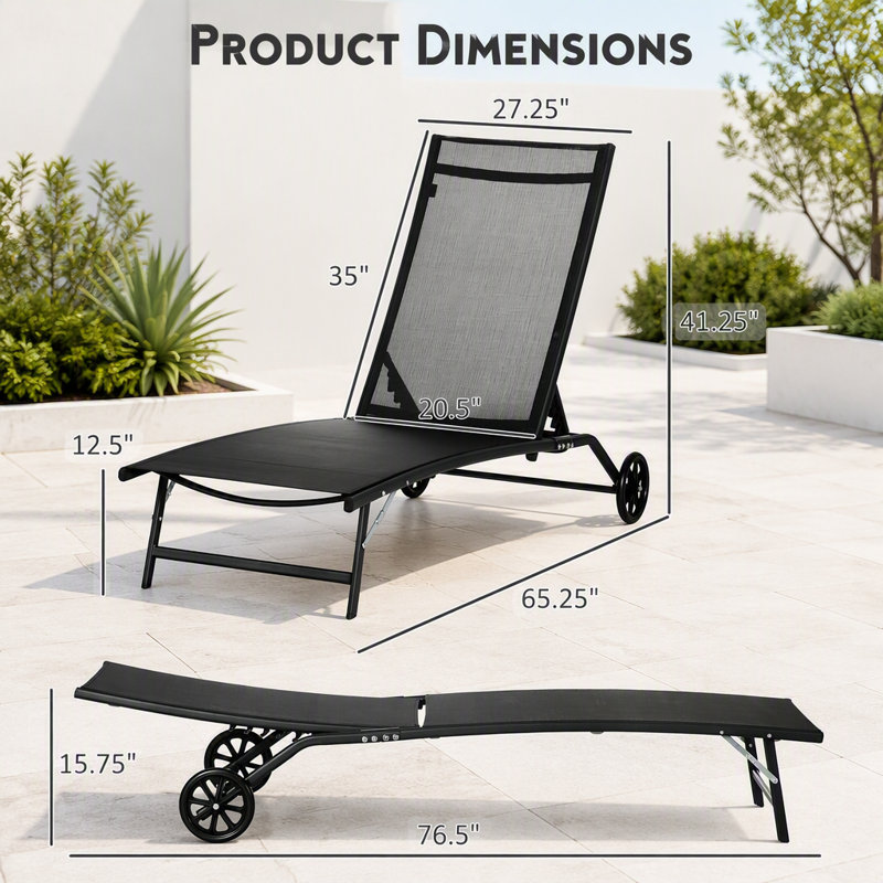 Chaise longue d'extérieur Outsunny, ensemble de 2 pièces avec roulettes et 5 positions réglables pour le patio, la plage, la cour, la piscine, noir
