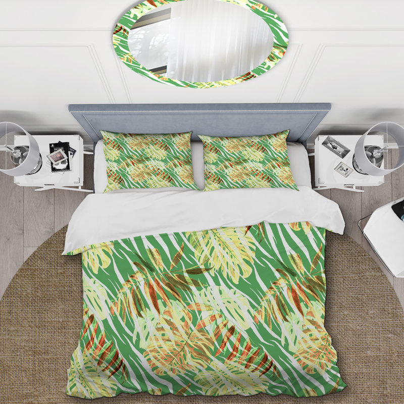 Ensemble de housse de couette en microfibre vert / jaune 3 pièces, Housse de couette pour très grand lit et 2 très