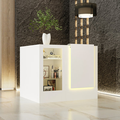 Marlia Modern LED Reception Desk With Open Shelving And Storage Compartments
