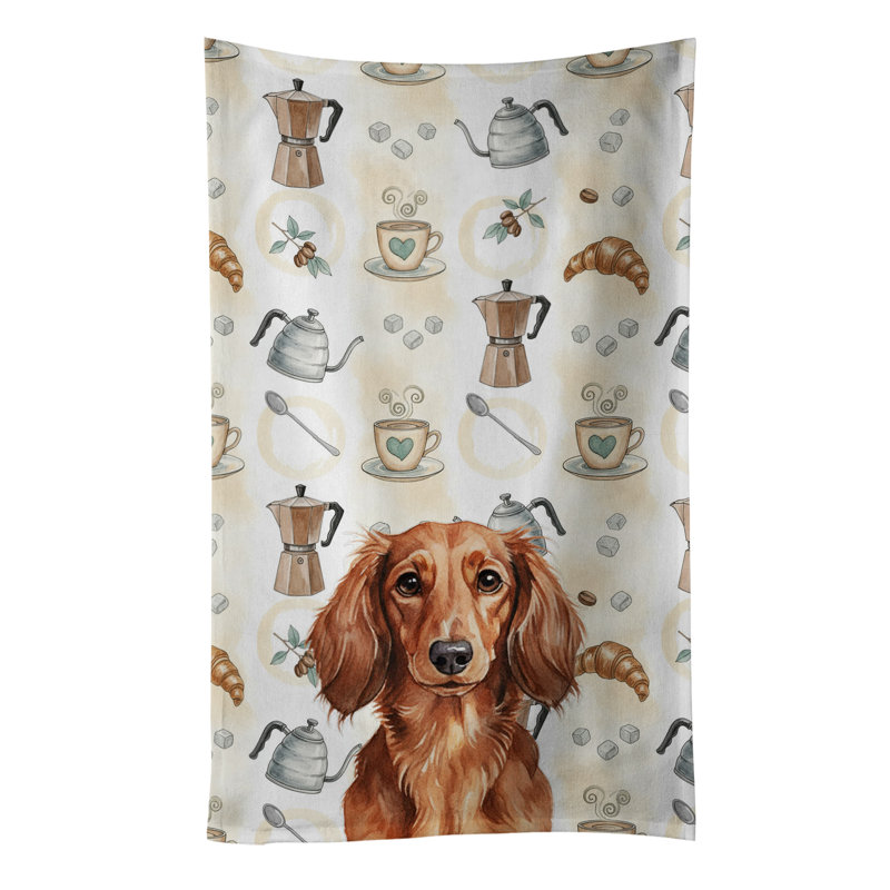 Longhaired Red Dachshund Coffee Bar Kitchen Towel, Longhaired Red Dachshund