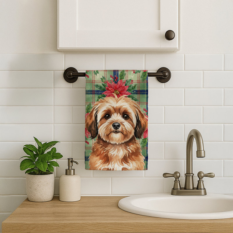 Sable Havanese Christmas PoinsettIas Kitchen Towel, Sable Havanese