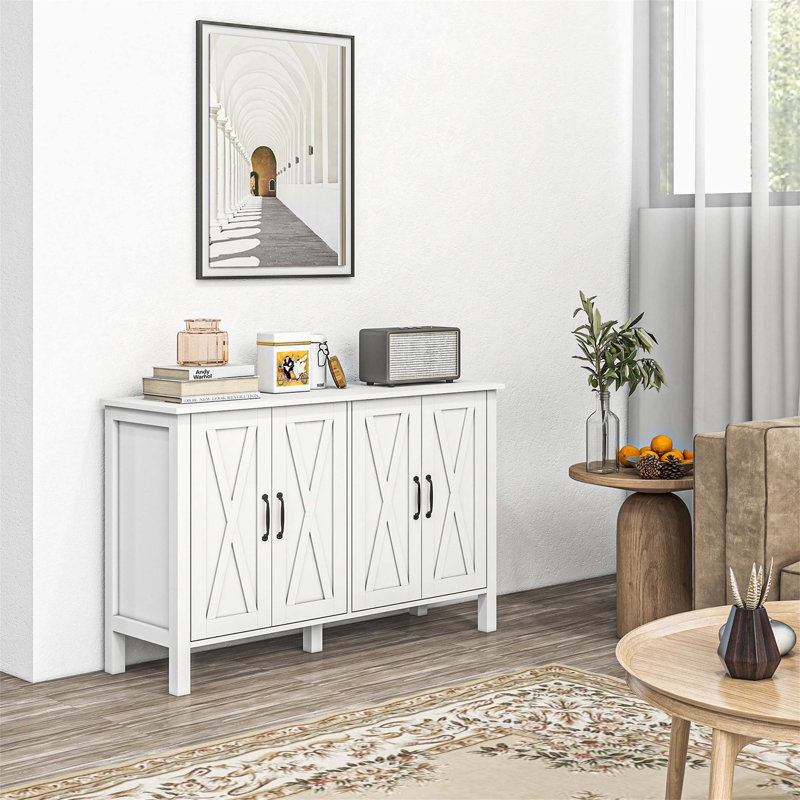 Armoire-bar multifonctionnelle avec 4 portes de grange et 2 tablettes réglables Zeinab, Blanc