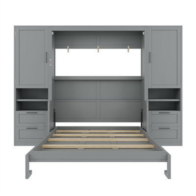 Queen Size Murphy Bed Wall Bed with Closet ,Drawers and Shelves,Gray
