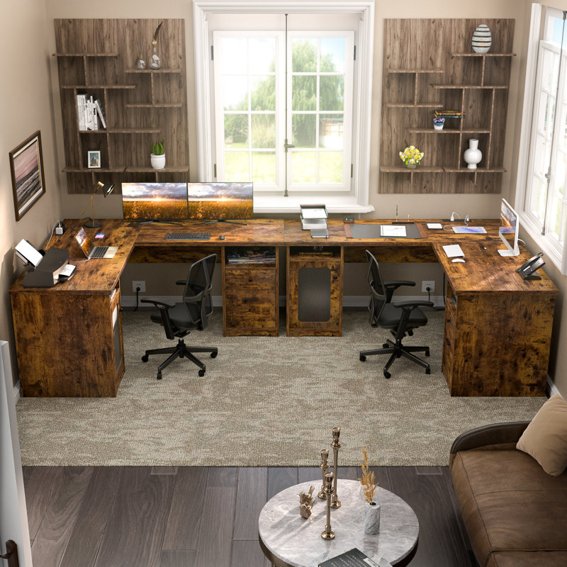 Detcho 60'' L Shaped Executive Desk with Drawers and Power Outlets, Brown