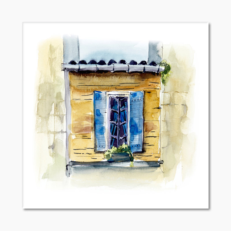 Fenêtre bleue dans une maison rustique - Peinture sur toile, H 36 po x l 36 po x P 1 po, Toile tendue