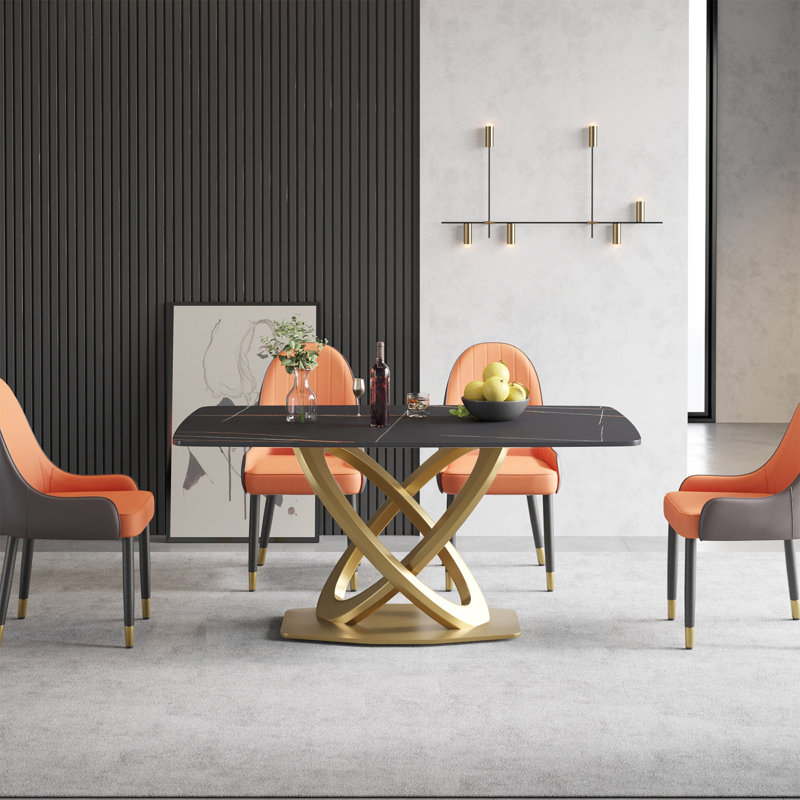 7 - Piece Stone Pedestal Dining Table Set, Black, Black/Orange
