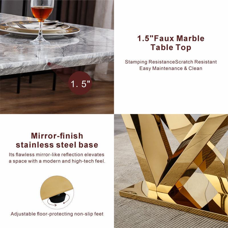 Table de salle à manger moderne en faux marbre avec base en acier inoxydable, 70 po pour 6 à 8 personnes, grande table de cuisine rectangulaire