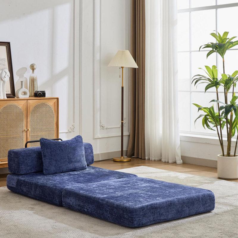 Canapé à compression, canapé-lit à plancher convertible à structure fixe, canapé modulaire à assise simple sans os, sans assemblage requis, tissu chenille, pour chambre à coucher de salon, bleu foncé