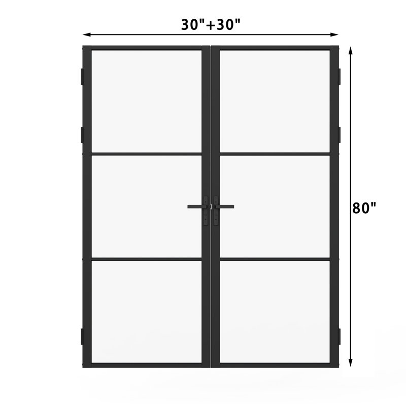 Porte-fenêtre double extérieure moderne à grille métallique noire, entièrement vitrée, pour maison, 60 po x 80 po