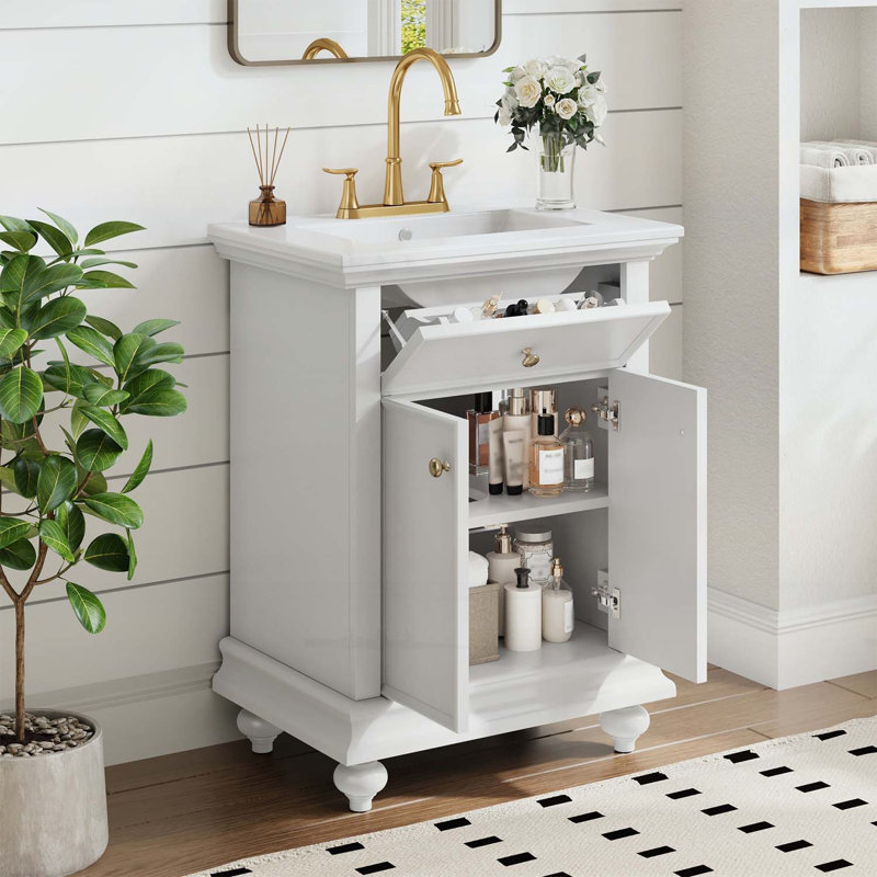 Meuble-lavabo moderne avec tiroir basculant, charnières à fermeture en douceur, Blanc
