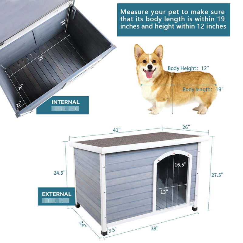 Niche extérieure imperméable pour chien moyen en bois massif et résistant aux intempéries, Gris