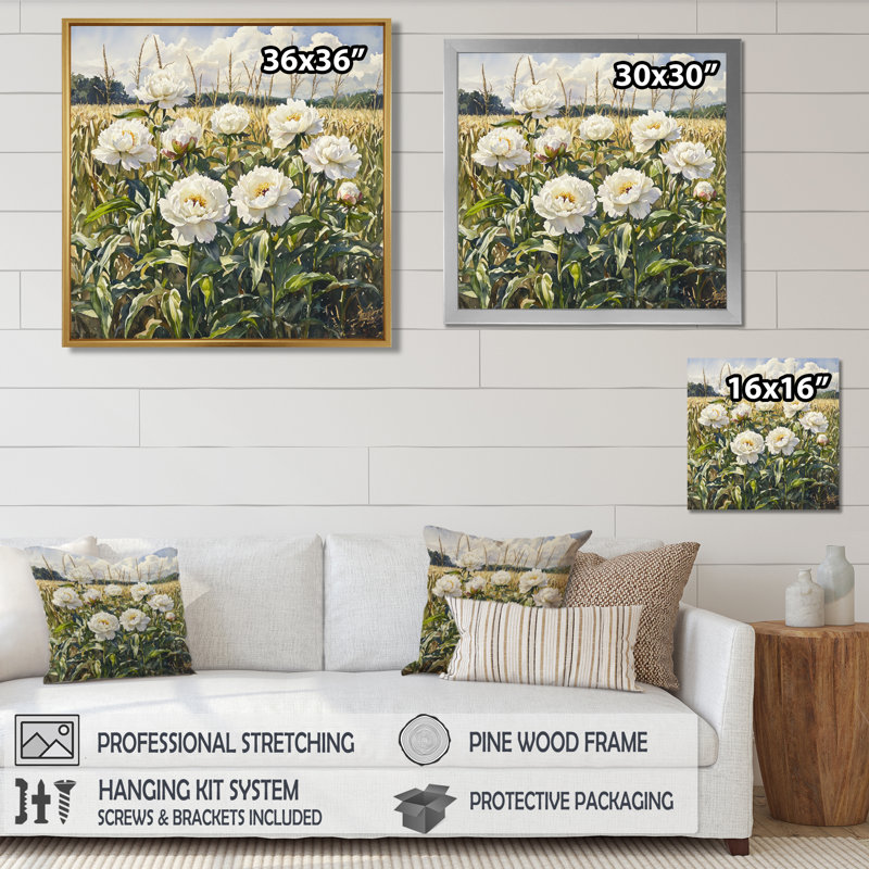 Été pivoines dans le champ de maïs III - pivoines, art mural pour le salon, Reproduction encadrée d'une seule photo, Doré