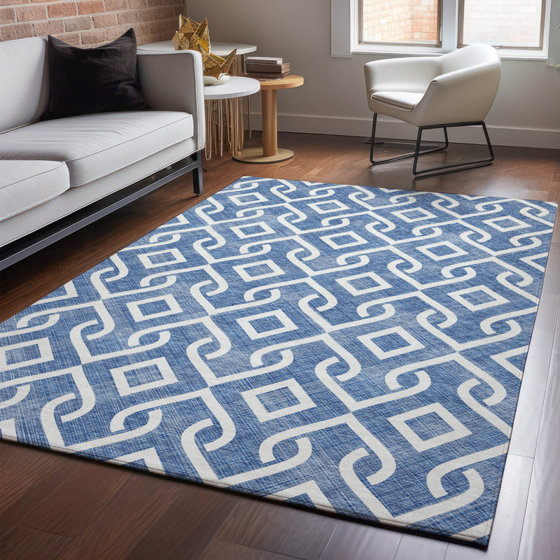 Tapis bleu Cerrito lavable à la machine de qualité supérieure, Rectangulaire 3 pi x 5 pi