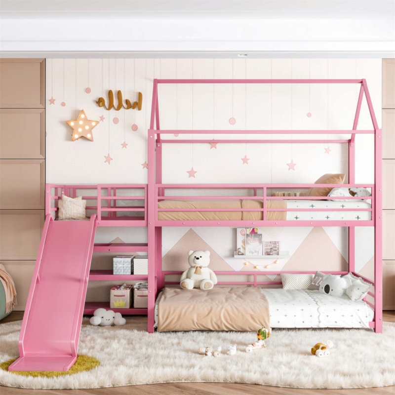 Lit superposé simple en métal avec escalier de rangement, glissade et rails de sécurité pour enfants (sans matelas), Rose