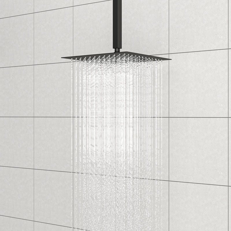 Bras de douche monobloc fixés au plafond, avec bride, en acier inoxydable noir mat.