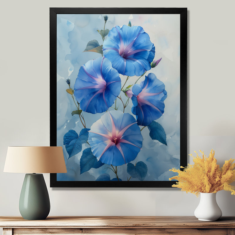 «Garden of Blue Morning Glory Bloom II - Morning Glory», art mural, Cadre simple noir, H 12 po x l 20 po
