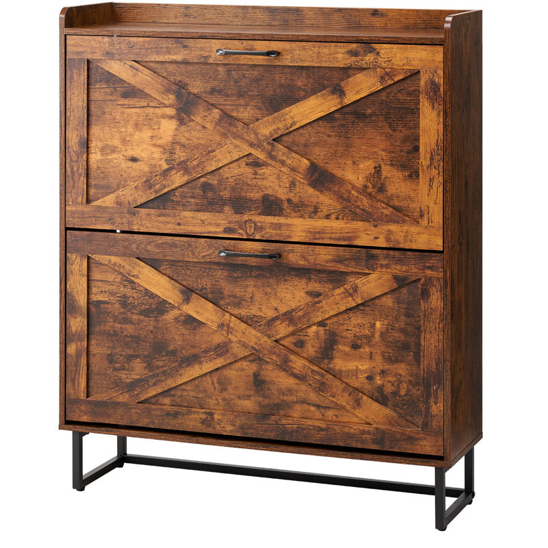 Armoire de rangement pour chaussures, brun, 2 tiroirs rabattables, pieds en métal, basculant, autoportant, idéal pour le salon, tablettes réglables pour tout type de chaussures